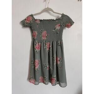 Show Me Your Mumu Women's Mini Dress Green Pink Floral Smocked Off Shoulder Med